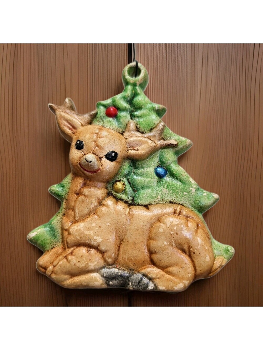 1988 OOAK Handpainted Ceramic Reindeer W Tree Christmas Ornament Resin 3" A49
